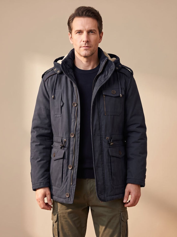 Men's Hooded Multi-Pocket Water-Resistant Lined Parka Jacket