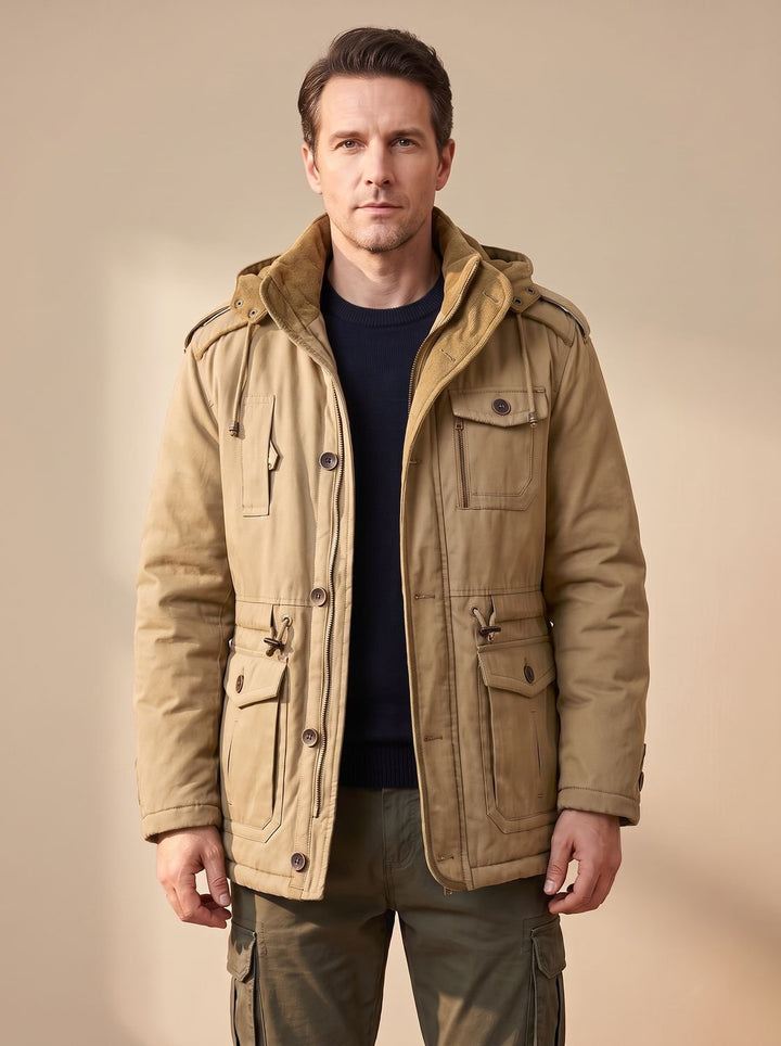 Men's Hooded Multi-Pocket Water-Resistant Lined Parka Jacket