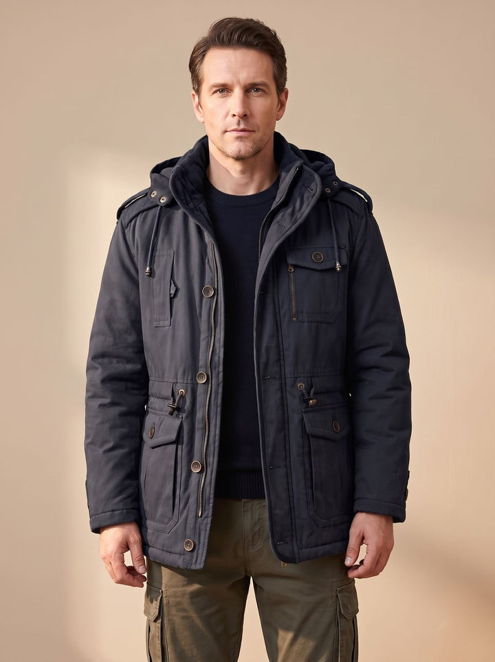 Men's Hooded Multi-Pocket Water-Resistant Lined Parka Jacket - Black