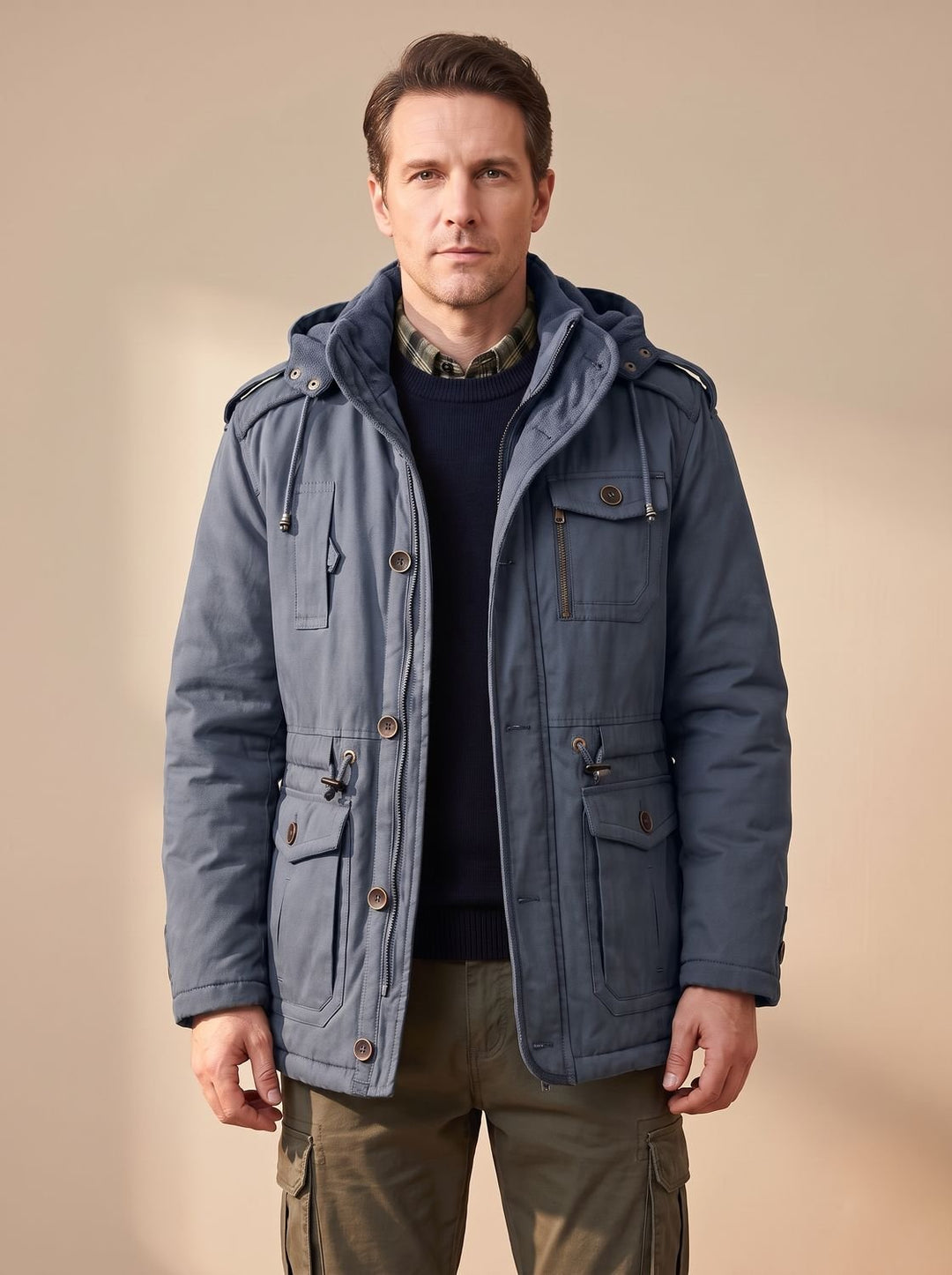 Men's Hooded Multi-Pocket Water-Resistant Lined Parka Jacket - Navy Blue
