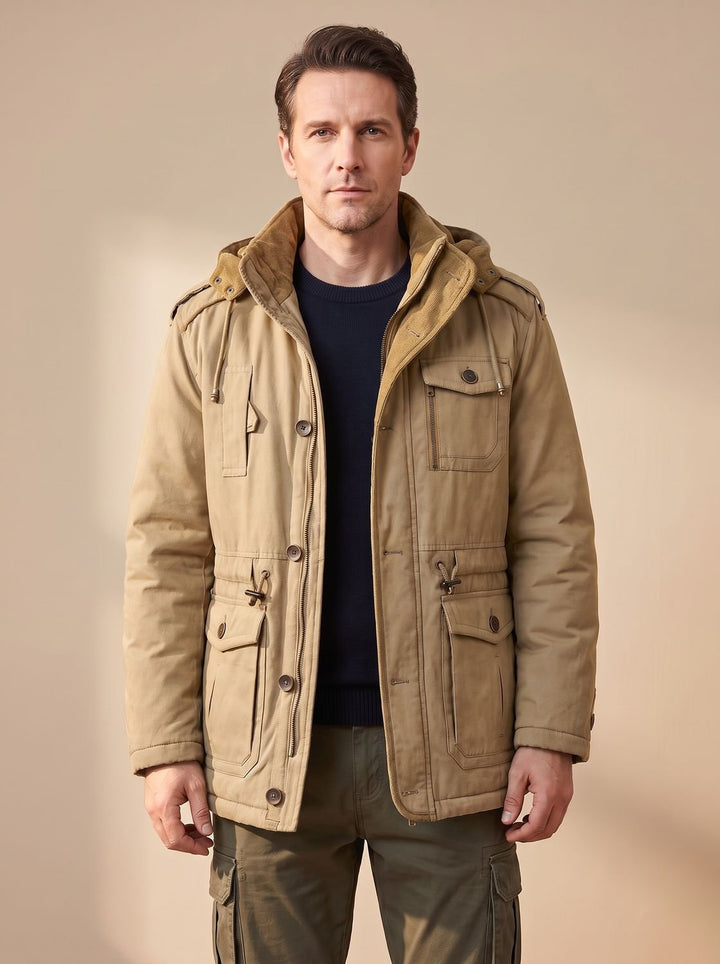 Men's Hooded Multi-Pocket Water-Resistant Lined Parka Jacket - Khaki