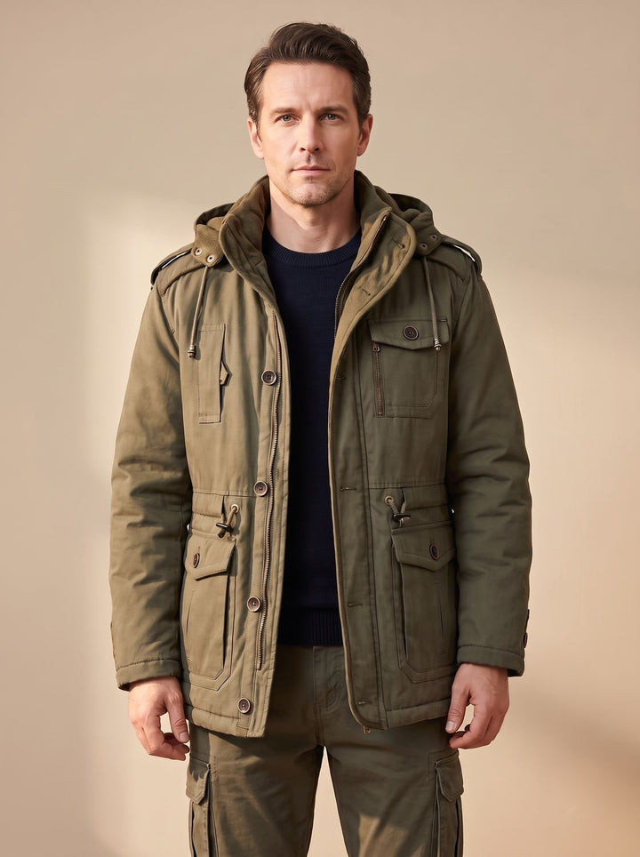 Men's Hooded Multi-Pocket Water-Resistant Lined Parka Jacket - Olive Green