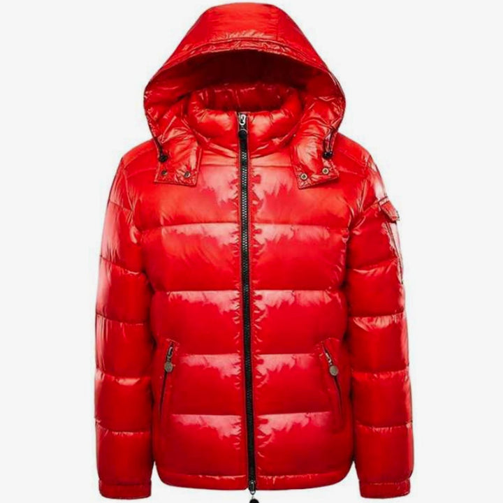 Men's Hooded Puffer Quilted Jacket Full-Zip Insulated - Red