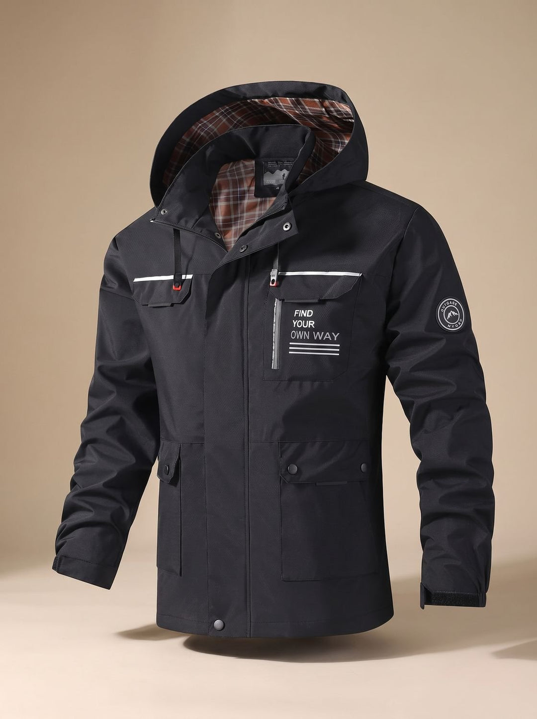 Men's Hooded Water-Resistant Outdoor Shell Jacket - Black