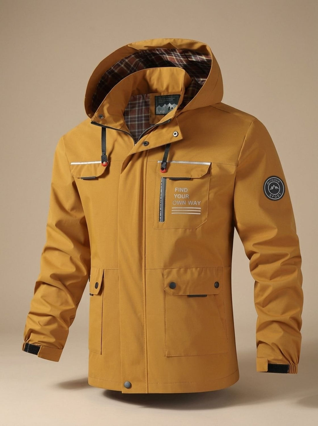 Men's Hooded Water-Resistant Outdoor Shell Jacket - Mustard Yellow