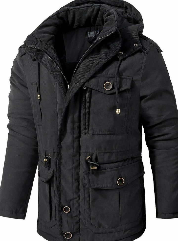 Men's Insulated Hooded Multi-Pocket Utility Jacket - Black