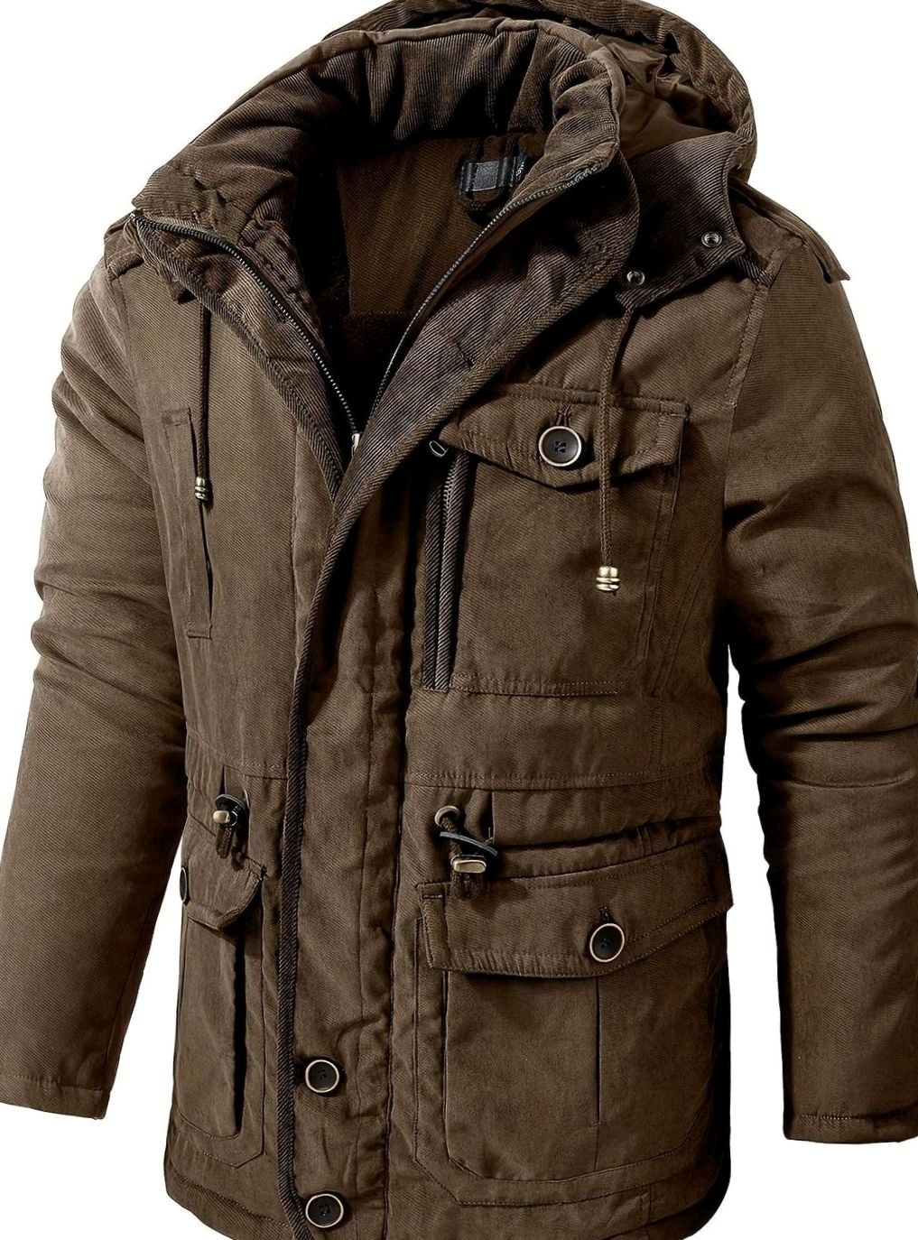 Men's Insulated Hooded Multi-Pocket Utility Jacket - Brown