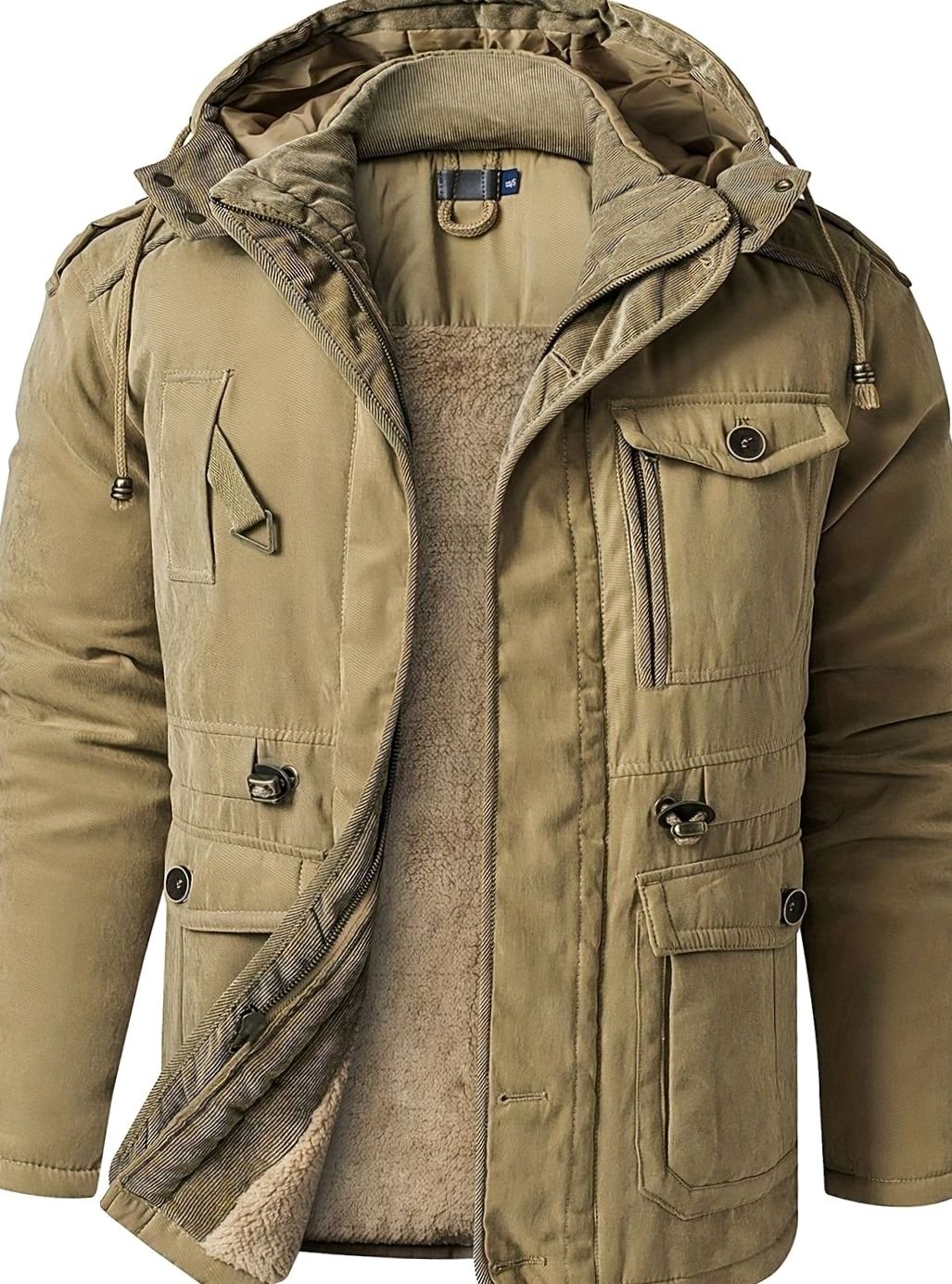Men's Insulated Hooded Multi-Pocket Utility Jacket - Khaki