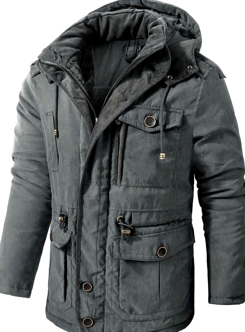 Men's Insulated Hooded Multi-Pocket Utility Jacket - Grey