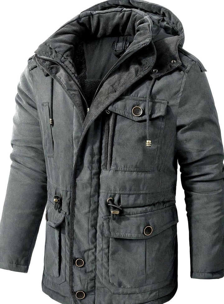 Men's Insulated Hooded Multi-Pocket Utility Jacket - Grey