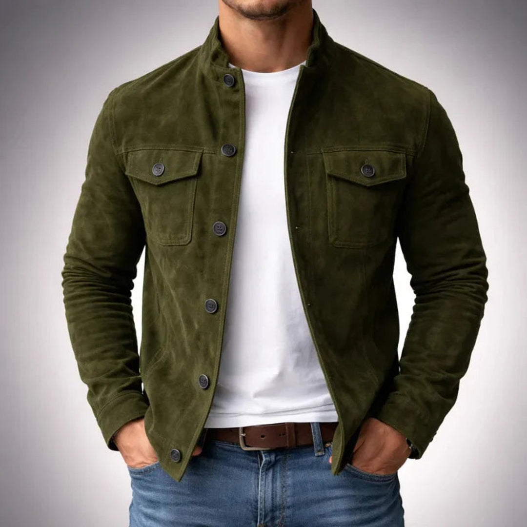 Men's Italian Suede Button-Front Military Jacket - Green