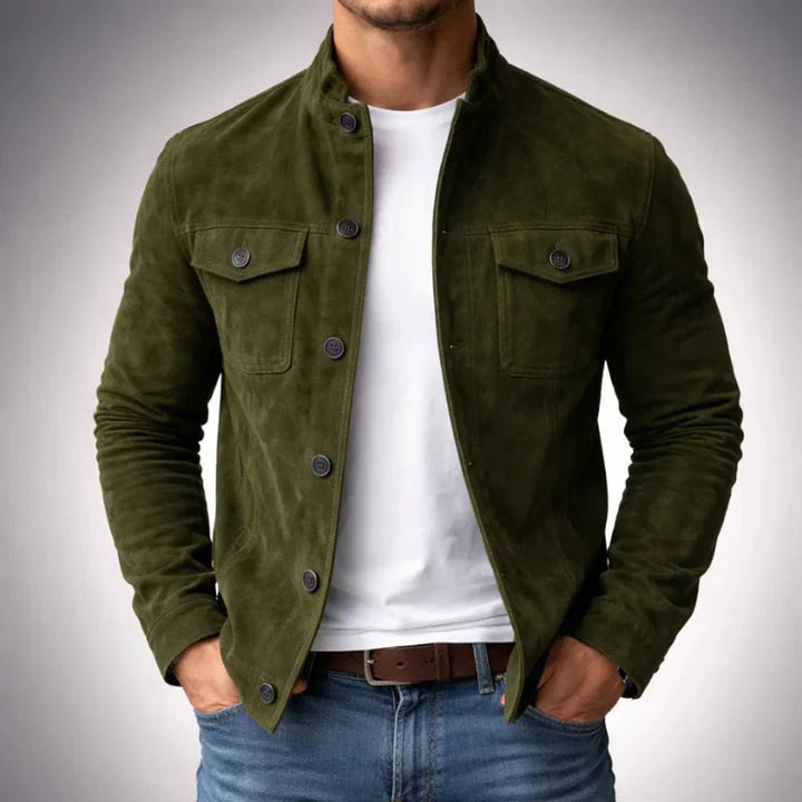 Men's Italian Suede Button-Front Military Jacket - Green