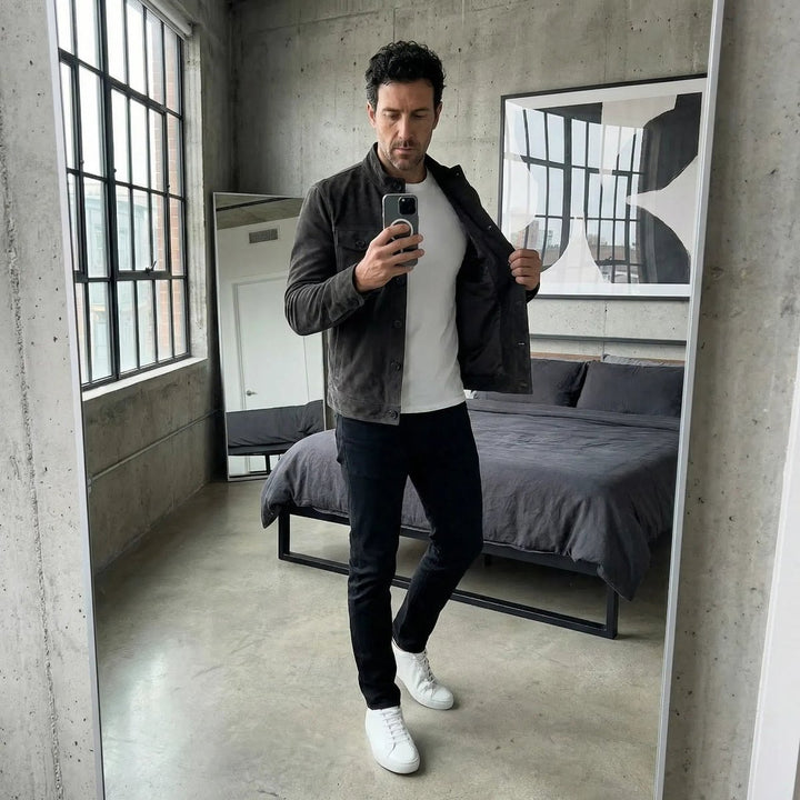 Men's Italian Suede Button-Front Military Jacket