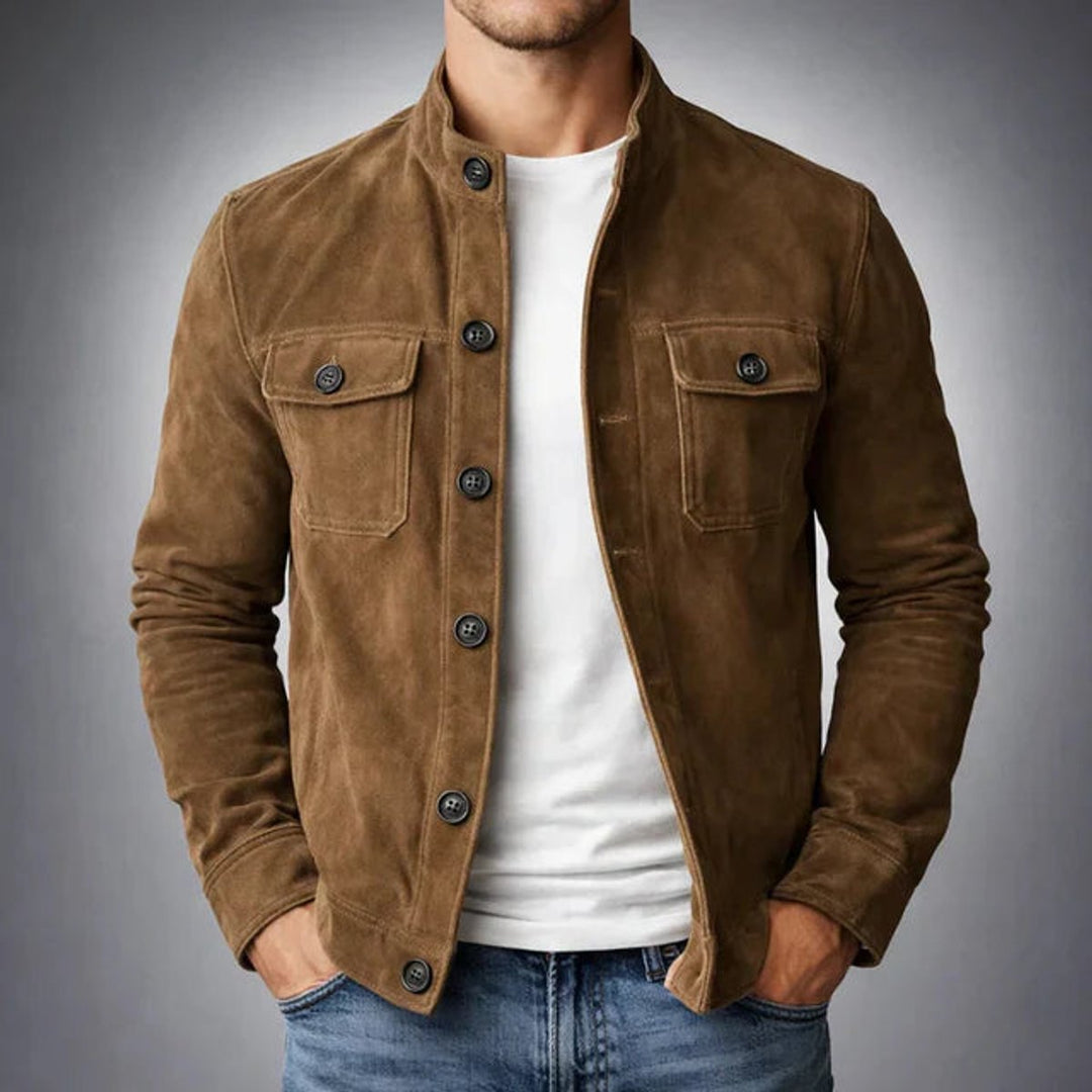 Men's Italian Suede Button-Front Military Jacket - Brown