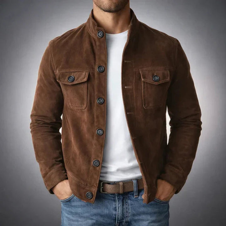 Men's Italian Suede Button-Front Military Jacket - Dark Brown