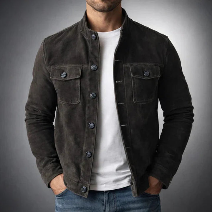 Men's Italian Suede Button-Front Military Jacket - Black