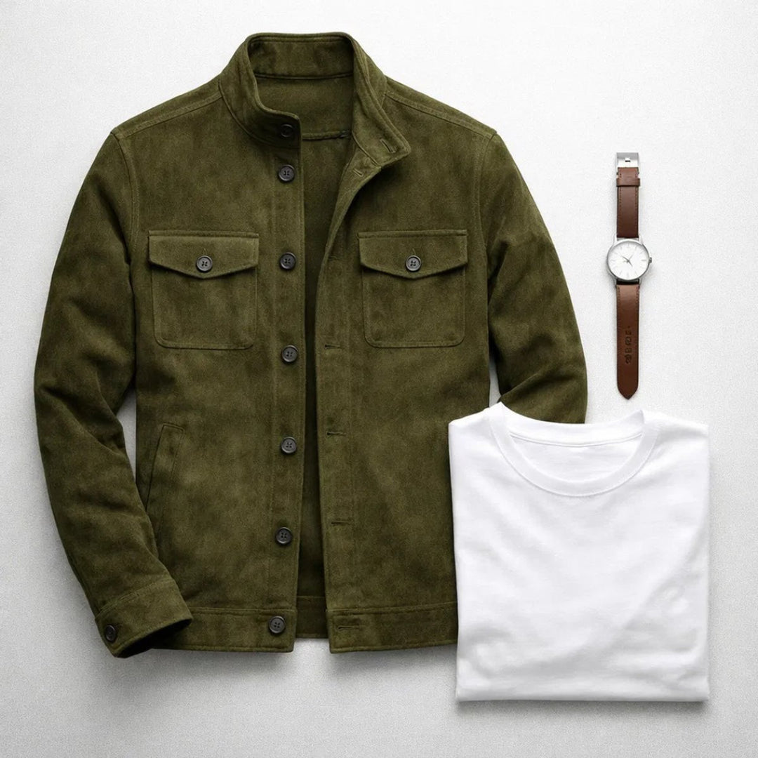 Men's Italian Suede Button-Front Military Jacket