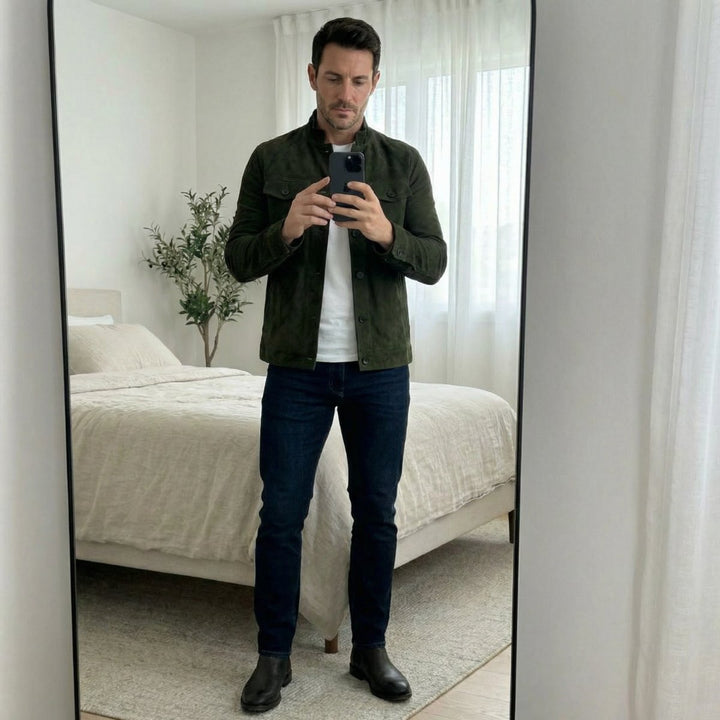 Men's Italian Suede Button-Front Military Jacket