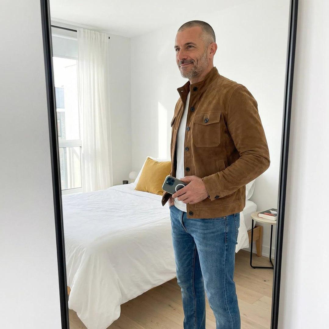 Men's Italian Suede Button-Front Military Jacket