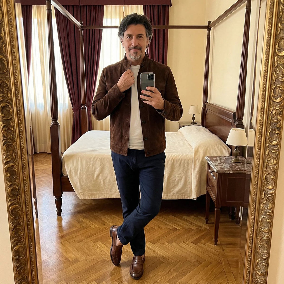 Men's Italian Suede Button-Front Military Jacket