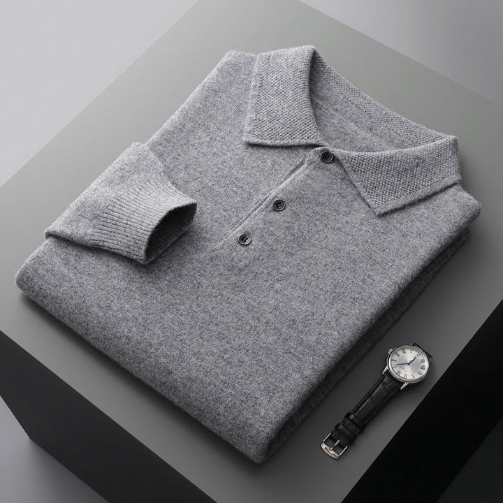 Men's Knit Cotton Long-Sleeve Three-Button Polo Sweater - Grey
