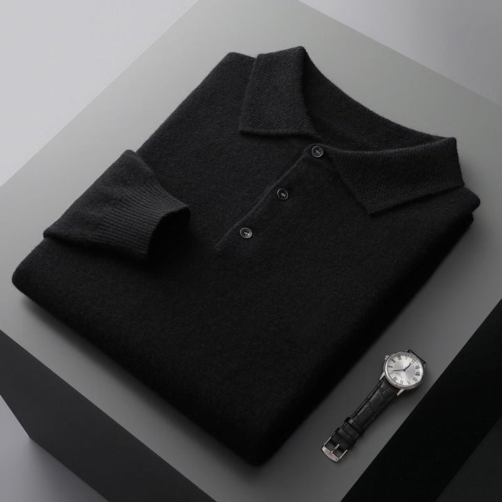 Men's Knit Cotton Long-Sleeve Three-Button Polo Sweater - Black