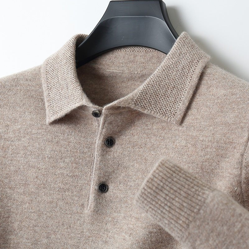 Men's Knit Cotton Long-Sleeve Three-Button Polo Sweater - Khaki