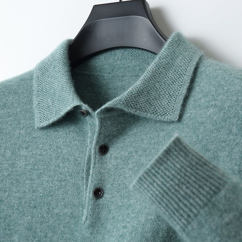 Men's Knit Cotton Long-Sleeve Three-Button Polo Sweater - Green