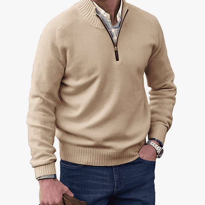 Men's Knit Half-Zip Pullover Jumper Ribbed Mock Neck Sweater - Brown
