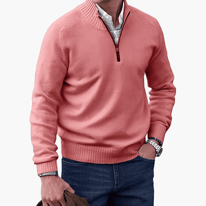 Men's Knit Half-Zip Pullover Jumper Ribbed Mock Neck Sweater - Pink