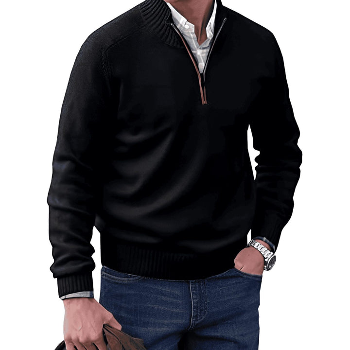 Men's Knit Half-Zip Pullover Jumper Ribbed Mock Neck Sweater - Black
