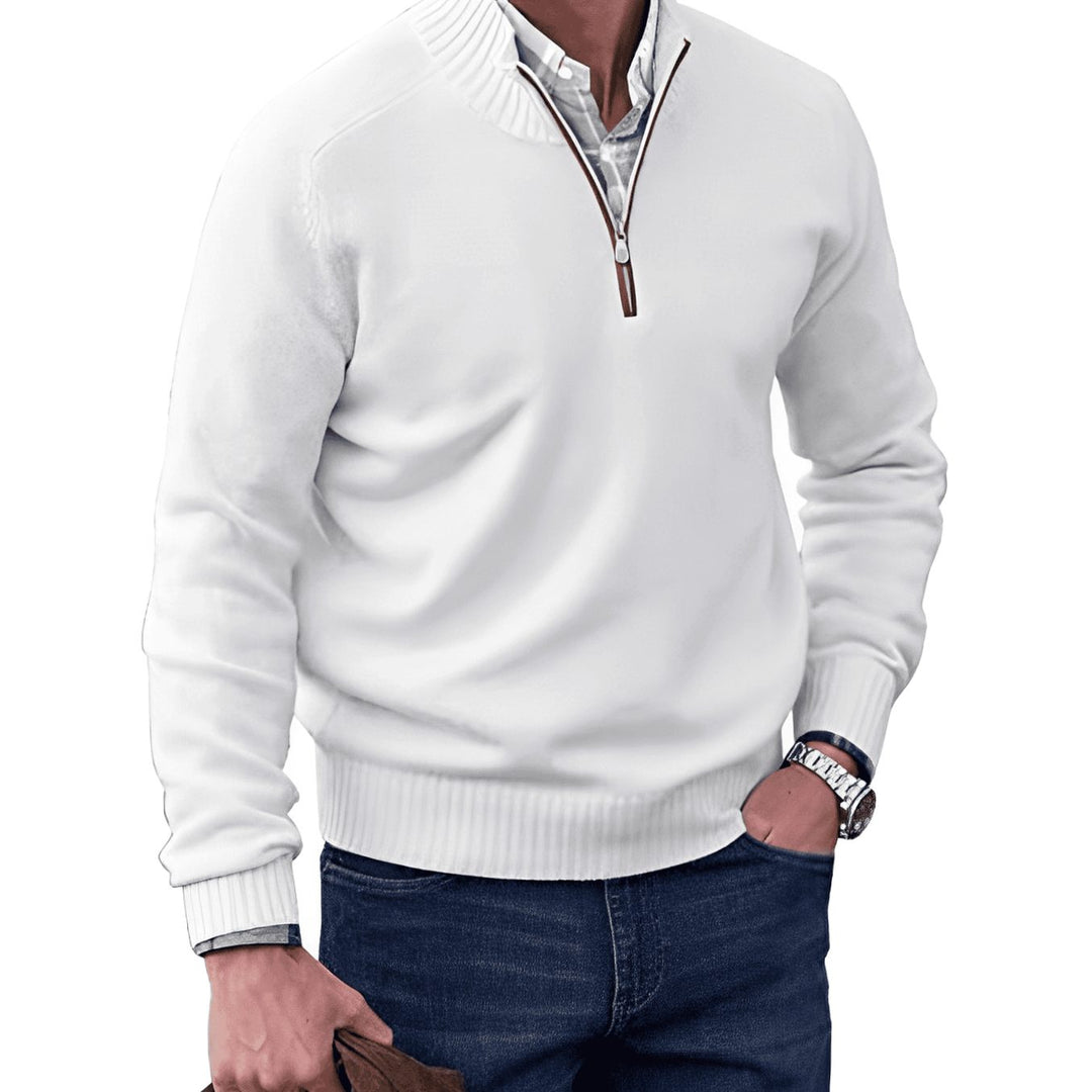 Men's Knit Half-Zip Pullover Jumper Ribbed Mock Neck Sweater - White