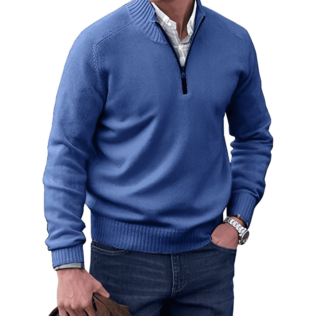 Men's Knit Half-Zip Pullover Jumper Ribbed Mock Neck Sweater - Blue