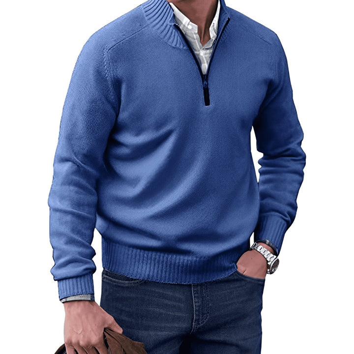 Men's Knit Half-Zip Pullover Jumper Ribbed Mock Neck Sweater - Blue