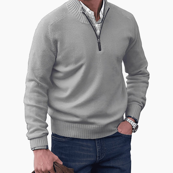 Men's Knit Half-Zip Pullover Jumper Ribbed Mock Neck Sweater - Light Gray