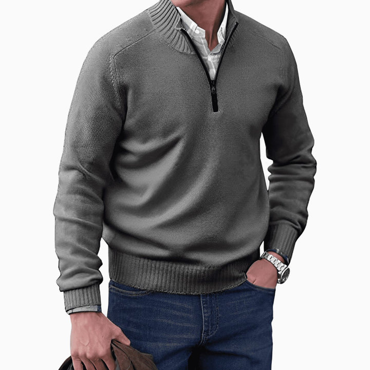 Men's Knit Half-Zip Pullover Jumper Ribbed Mock Neck Sweater - Dark Gray