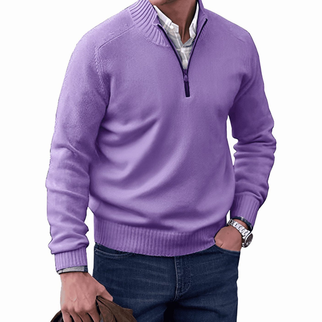 Men's Knit Half-Zip Pullover Jumper Ribbed Mock Neck Sweater - Purple