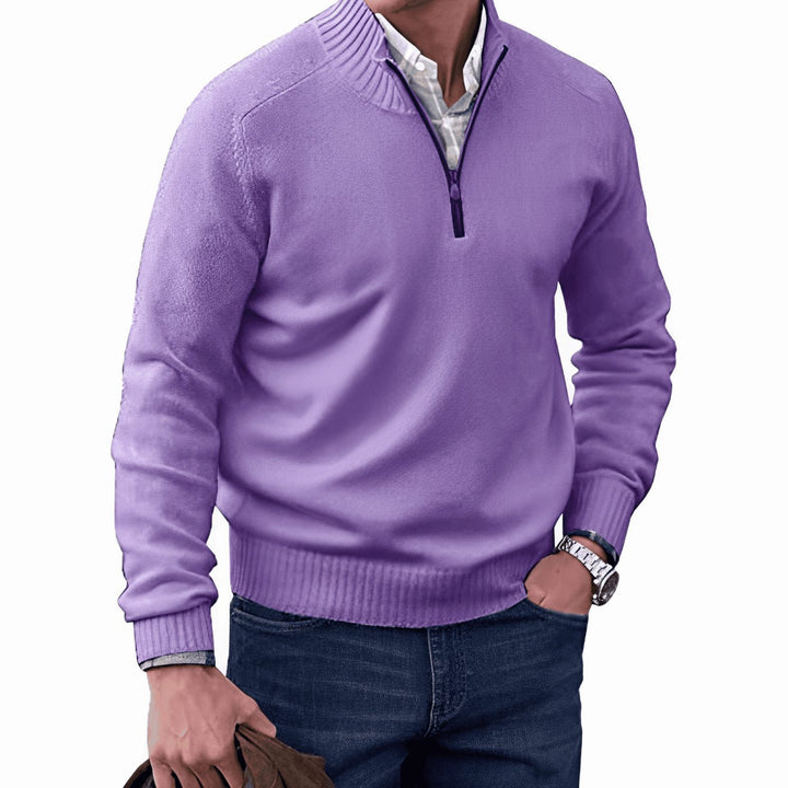 Men's Knit Half-Zip Pullover Jumper Ribbed Mock Neck Sweater - Purple