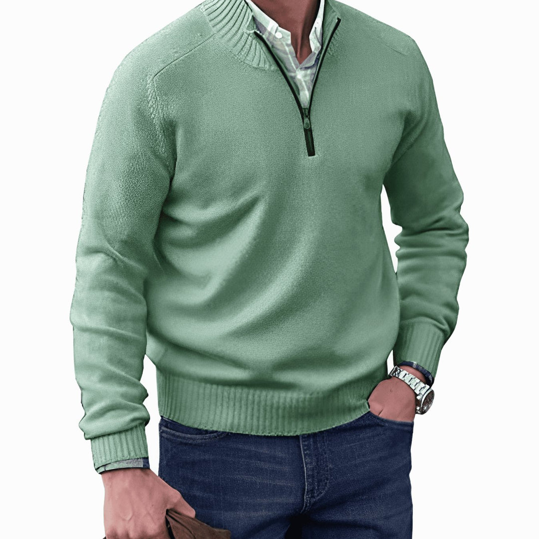 Men's Knit Half-Zip Pullover Jumper Ribbed Mock Neck Sweater - Green