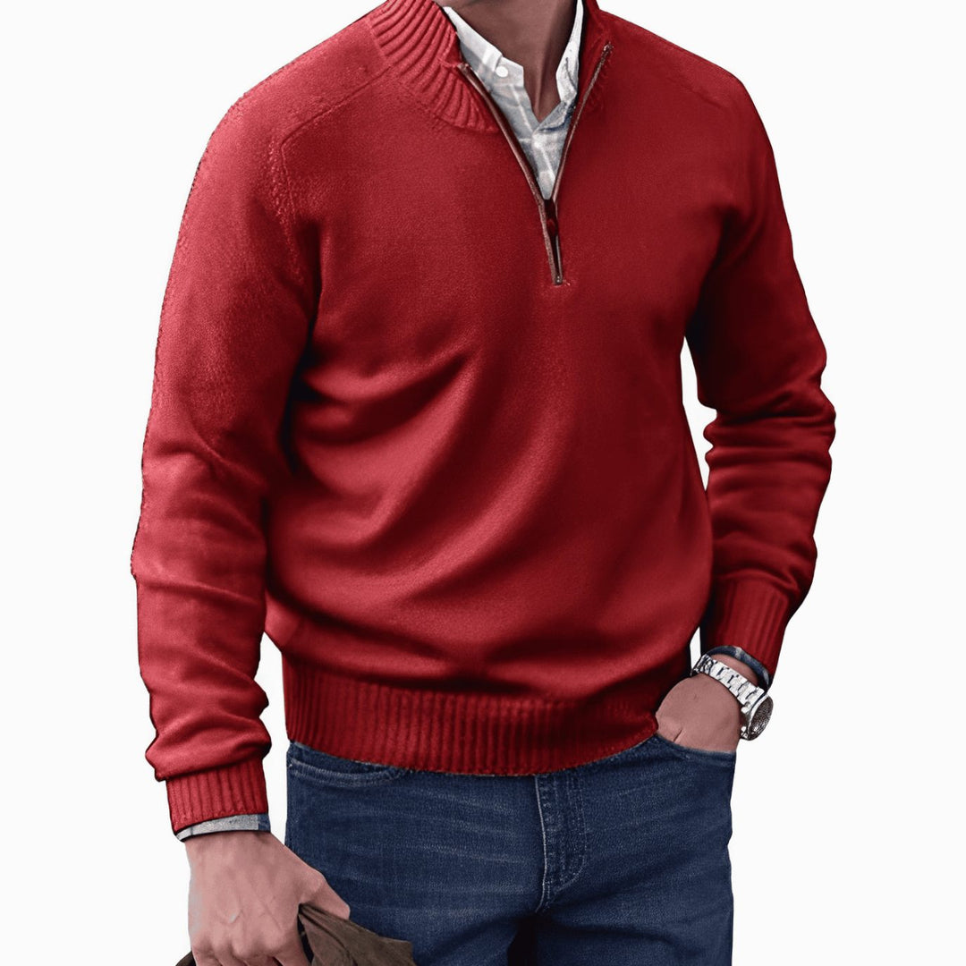 Men's Knit Half-Zip Pullover Jumper Ribbed Mock Neck Sweater - Red