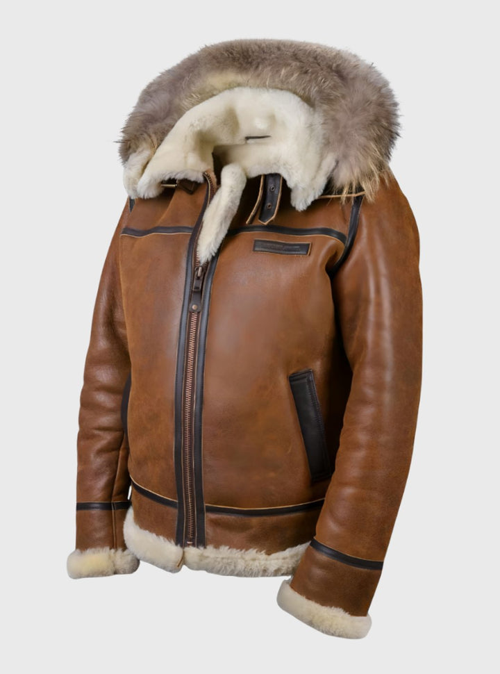 Men's Leather Aviator Bomber Jacket Fur-Lined Hooded Shearling