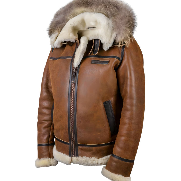 Men's Leather Aviator Bomber Jacket Fur-Lined Hooded Shearling - Brown