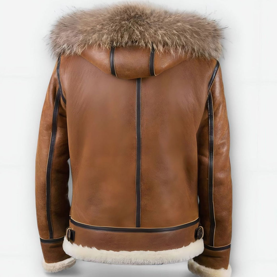 Men's Leather Aviator Bomber Jacket Fur-Lined Hooded Shearling