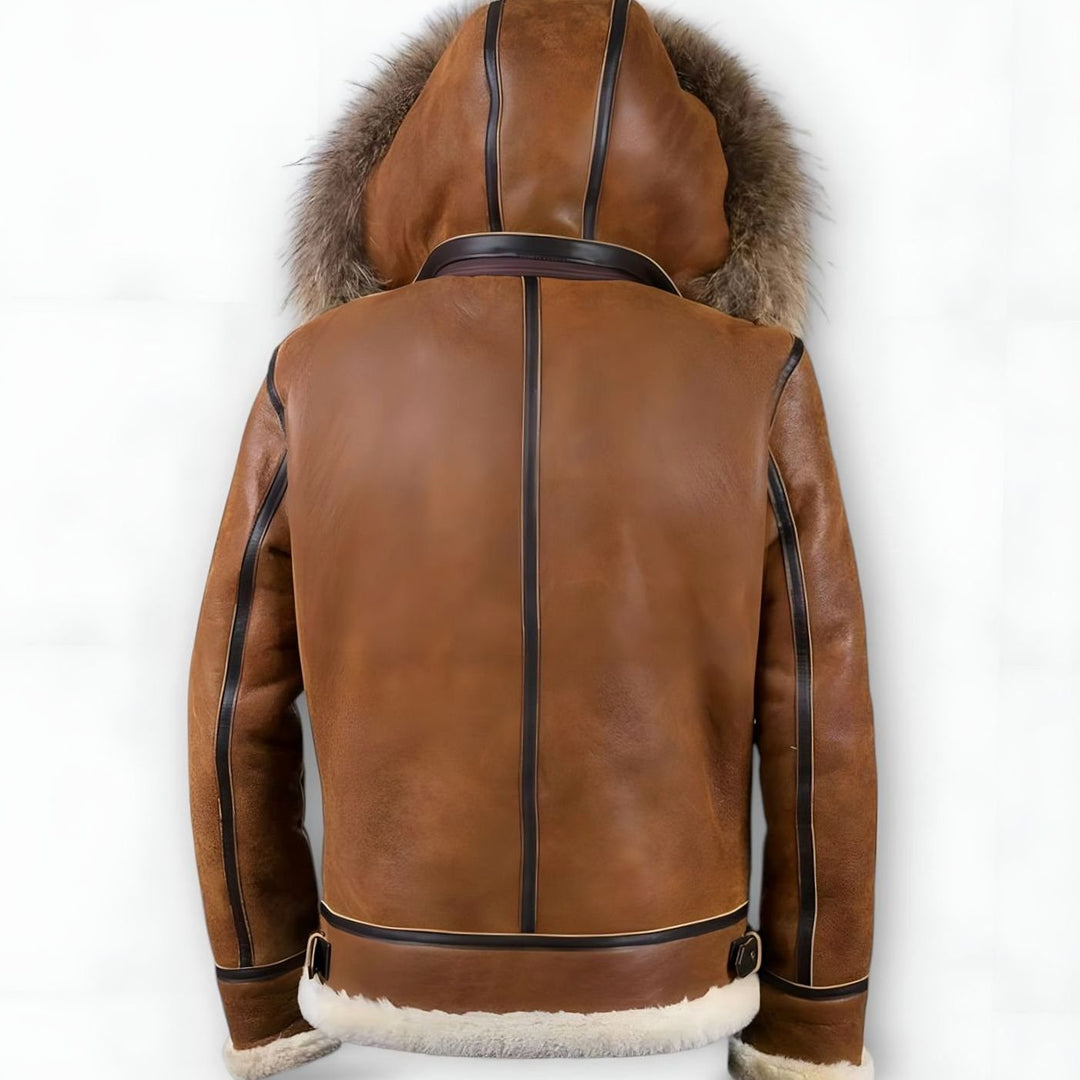 Men's Leather Aviator Bomber Jacket Fur-Lined Hooded Shearling