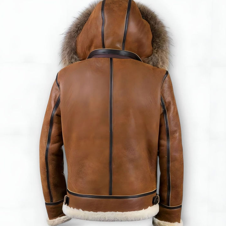 Men's Leather Aviator Bomber Jacket Fur-Lined Hooded Shearling