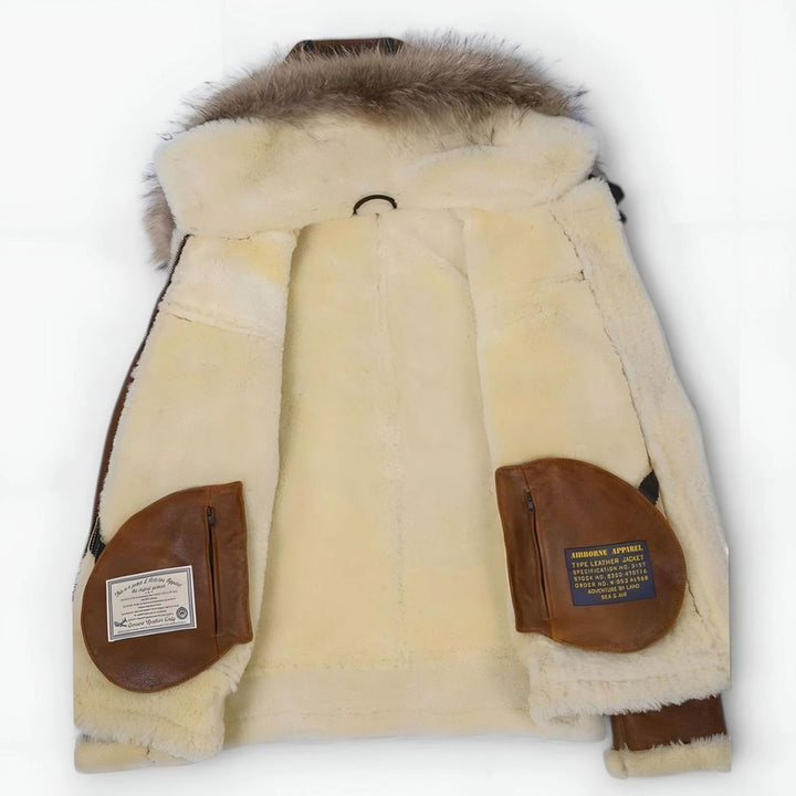 Men's Leather Aviator Bomber Jacket Fur-Lined Hooded Shearling