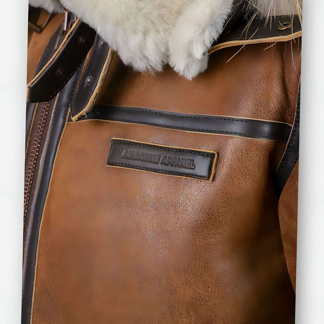 Men's Leather Aviator Bomber Jacket Fur-Lined Hooded Shearling