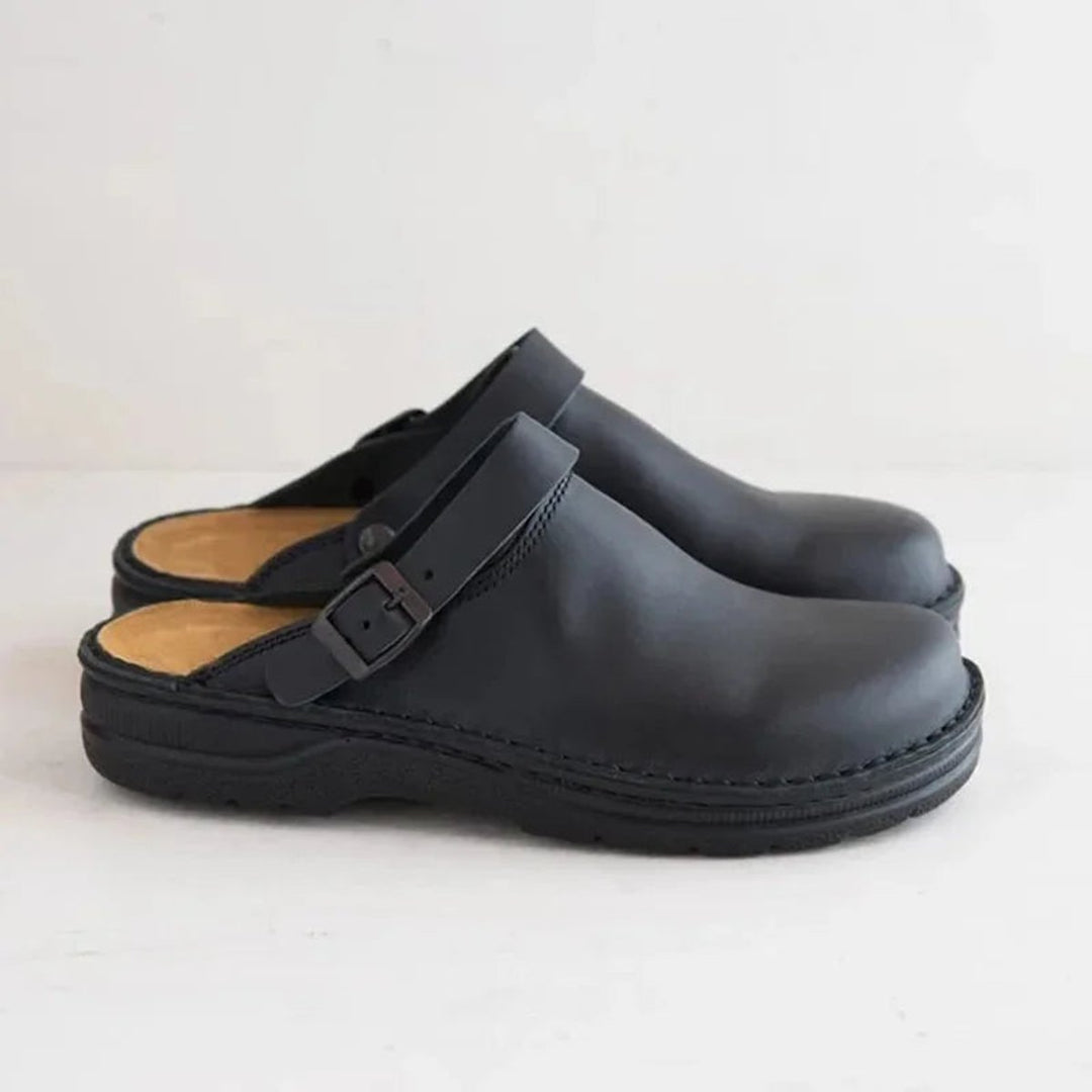 Men's Leather Buckle-Strap Slip-On Closed-Toe Clogs - Black