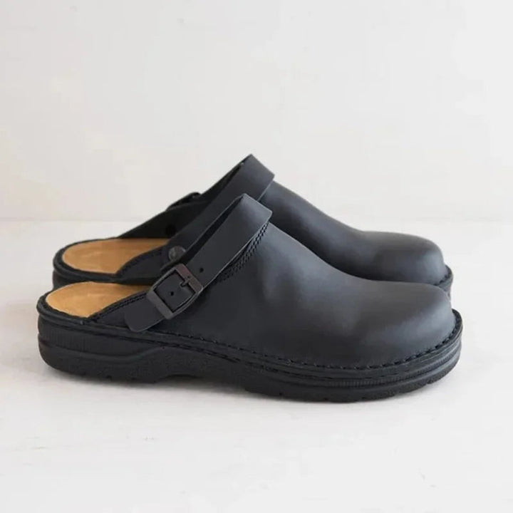 Men's Leather Buckle-Strap Slip-On Closed-Toe Clogs - Black