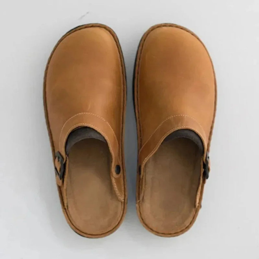 Men's Leather Buckle-Strap Slip-On Closed-Toe Clogs